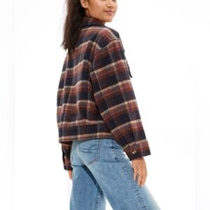 American Eagle Oversized Plaid Shacket Navy Rust Orange Wool Blend XS